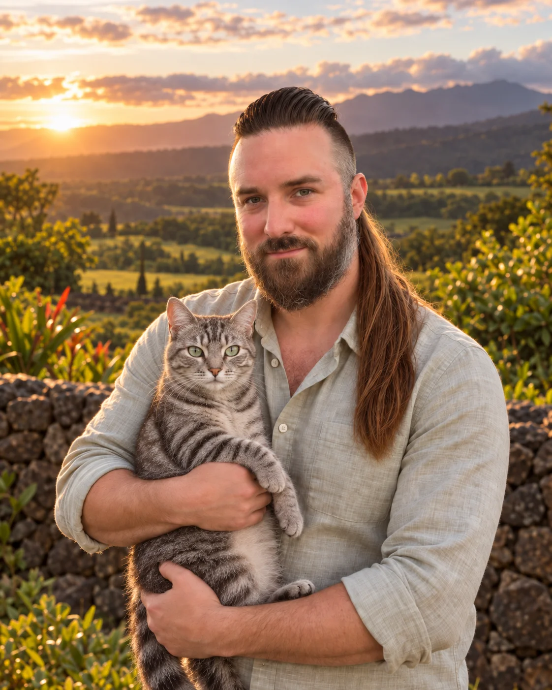 Dominic holding Mooncake, his tabby cat, outdoors at sunset.